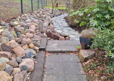 Een pad van stenen platen en grote rotsen leidt naar een glazen gebouw. Het pad wordt begrensd door groen en bomen met een hekwerk van draad aan de linkerkant. De lucht is bewolkt en gevallen bladeren liggen verspreid op de grond. Gemaakt door de werkverzetter
